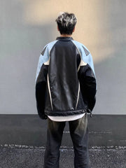 HEARUJOY  -  Men's Motorcycle Leather Jacket Color Block Racing PU Leather Coat Women Spring New Zip Up Stand Collar Hip Hop Street Outwear