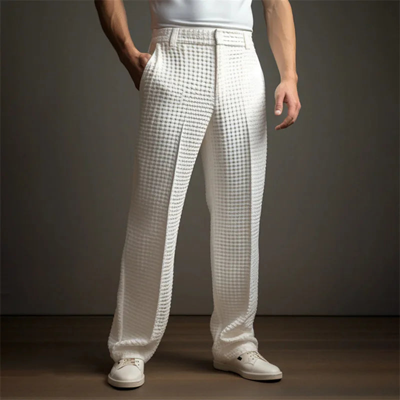 HEARUJOY  -  Business Casual Waffle Trousers Men Slant Insertion Pocket Straight Suit Pants Fashion Versatile Pants Leisure Vacation