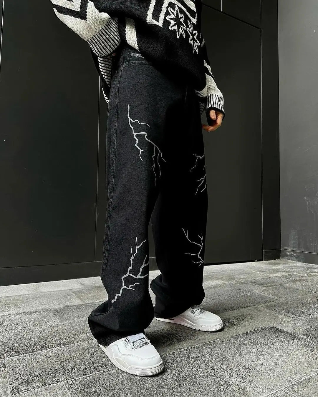Hearujoy Harajuku fashion mens women’s jeans lightning graphic wide leg jean streetwear y2k denim cuples high waist pants men clothing