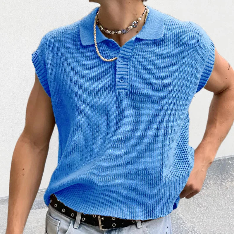 HEARUJOY  -  Fashion Mens Knit Polo Shirt Sleeveless Lapel Button Loose Tee Tops Spring Summer Casual Trend Polos Tshirt Men Clothing