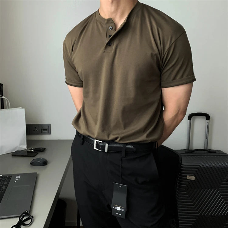 HEARUJOY  -  New Men Light Luxury Henry Collar T-Shirt Leisure Button-down Solid Color Short Sleeve Korean Style 2025 Summer Streetwear M-3XL