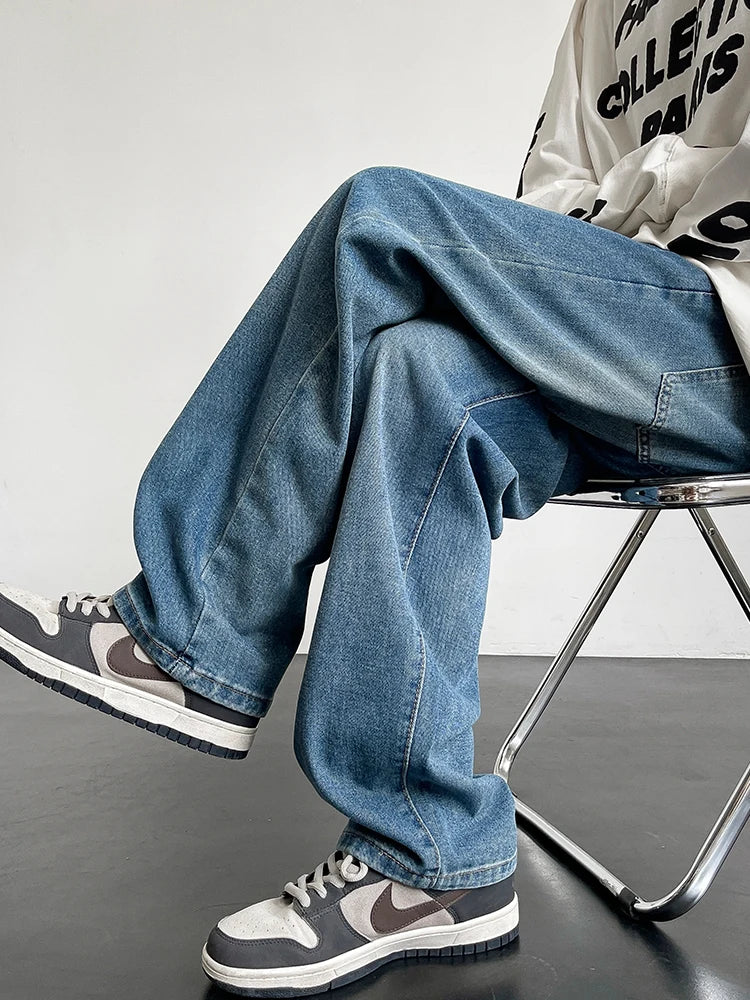 HEARUJOY  -  Spring Summer Men's Jeans Korean Fashion Black Blue Wide Leg Denim Pants Loose Straight Jean Trousers