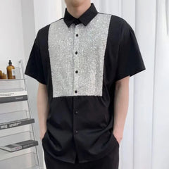 HEARUJOY  -  Mens Shirt Sequins Nightclub Ballroom Shirt Spring Streetwear Y2k Fashion Trend Niche Short-Sleeve Tops Men'S Clothing