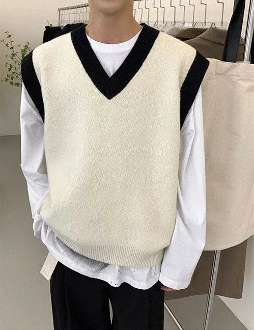 HEARUJOY  -  White Striped Knitted Sweaters For Men Vest V Neck Man Clothes Sleeveless Waistcoat Thick Winter Old Cotton Wholesale Sale S