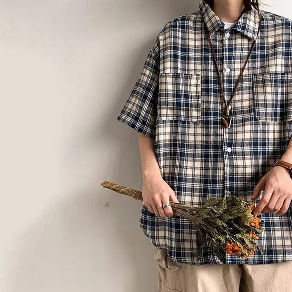 HEARUJOY  -  Plaid Shirt For Men Casual Couple Loose Mens Shirt Polyester Fabric Slight Stretch All Seasons Applicable Male