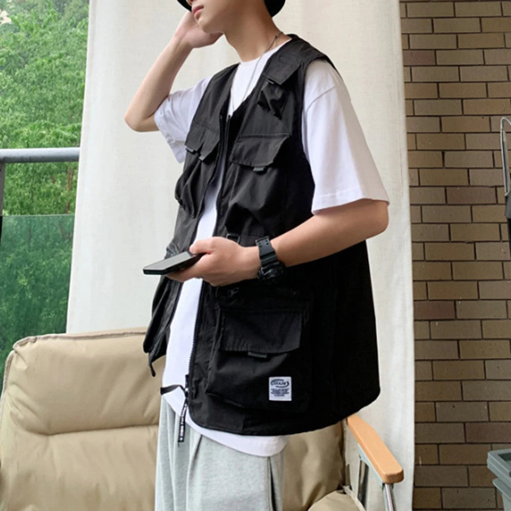 HEARUJOY  -  Beach Holiday Green Men Cargo Vest Multi-pocket Sleeveless Vest Loose Fit Waistcoat Good For Vacation Polyester Fabric