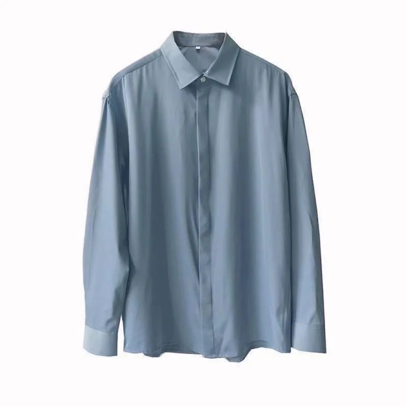 Hearujoy Korean Fashion Spring Lake Blue Men Shirts Luxury Long Sleeve Casual Loose Drape Ice Silk Button Up Shirt Blouse Shirt Men