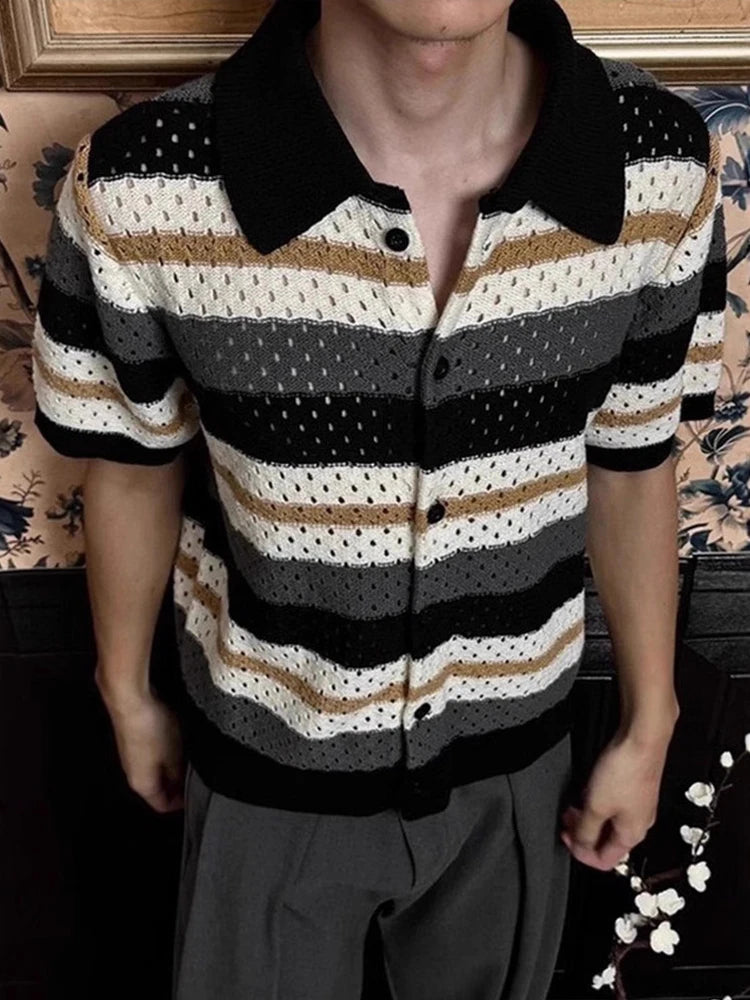 HEARUJOY  -  Ice Silk Knitting Shirts Mens 2025 Summer New Casual Striped Knit Cardigan Tops Men Clothing Vintage Buttoned Short Sleeve Shirt