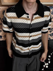 HEARUJOY  -  Ice Silk Knitting Shirts Mens 2025 Summer New Casual Striped Knit Cardigan Tops Men Clothing Vintage Buttoned Short Sleeve Shirt