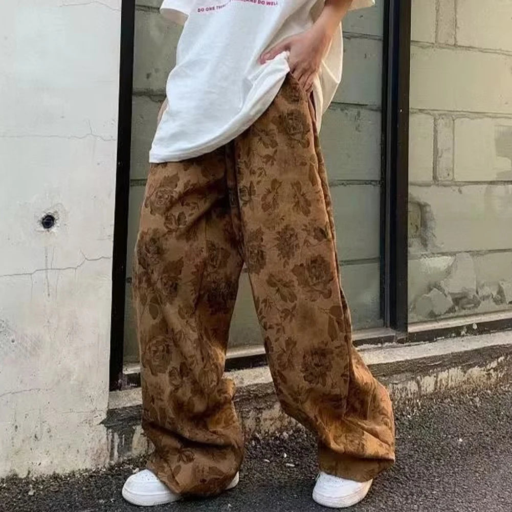 HEARUJOY  -  Men Loose Vintage Casual Jogging Pants Printing Korean Style High Street Trouser Wide Leg Streetwear