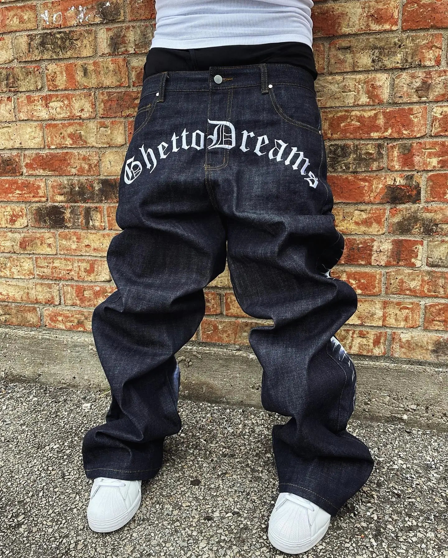 Hearujoy Goth Graphic Letter Embroidered Jeans Y2K Harajuku Hip Hop Vintage Baggy Jeans Mens Womens High Waist Straight Wide Trousers