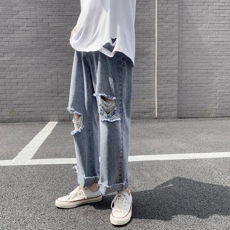 Hearujoy Spring and Summer New Men's Torn Jeans Street Hip-hop Loose Wide Leg Pants Thin Fur Pants Brand Men's Clothing Ripped