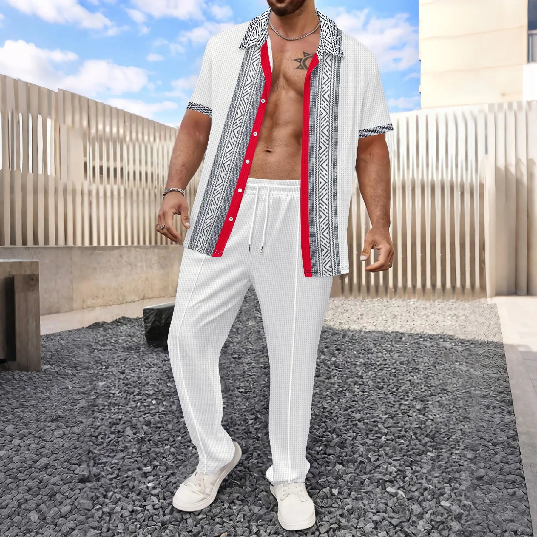 HEARUJOY  -  Summer Men Waffle Outfits Color Blocked Lapel Short Sleeve Shirts And drawstring Pants Two Piece Set Fashion Casual Suits