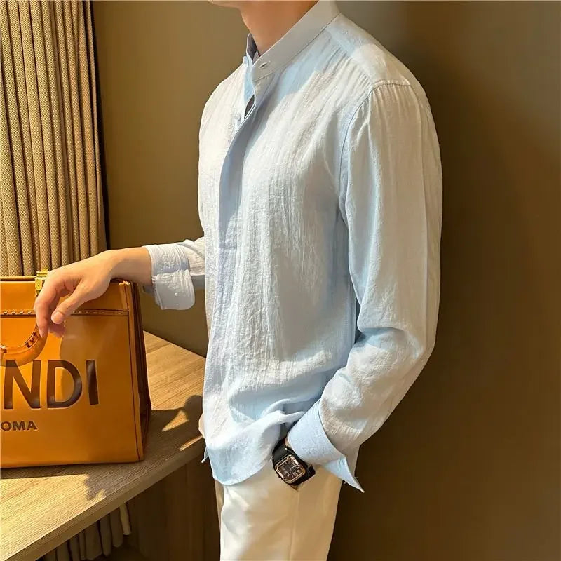 HEARUJOY  -  Long-sleeved Stand-collar Pleated Shirt Men's Summer Seaside Vacation Style Casual and Versatile Solid Color Spring Autumn Shirt