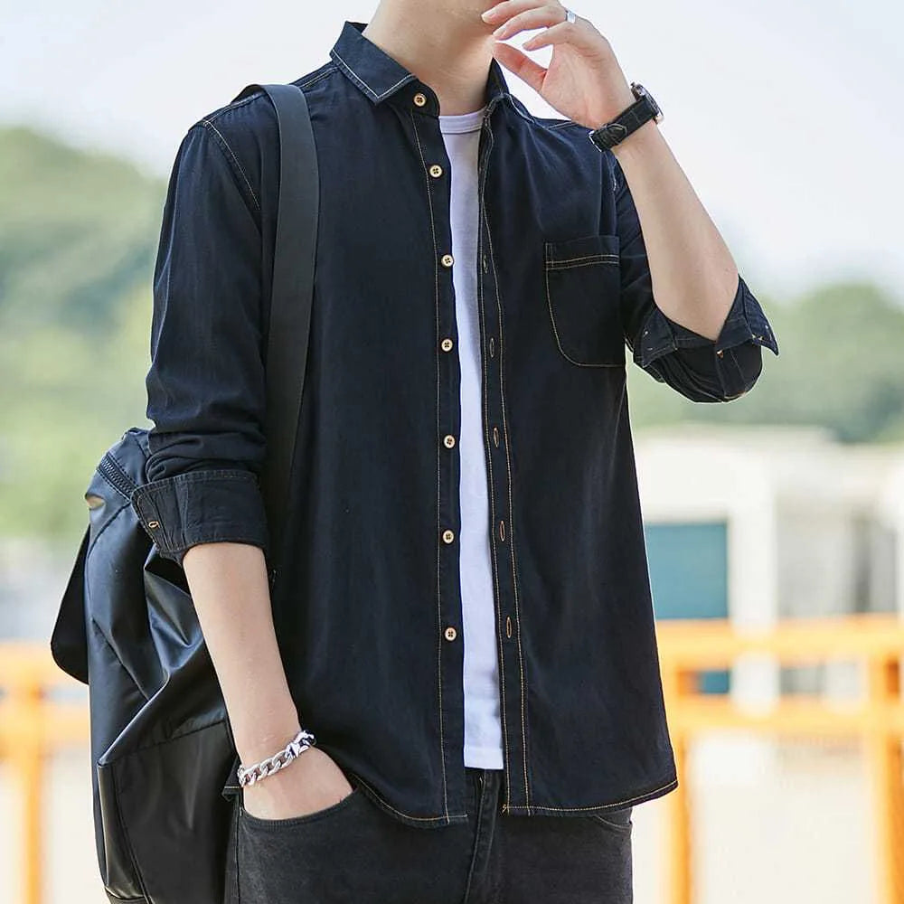 HEARUJOY  -  Fashion Korean Style Denim Shirt For Men 100% Cotton Long Sleeve Slim Fit Tops Spring Autumn Casual Denim shirts Plus Size 4XL