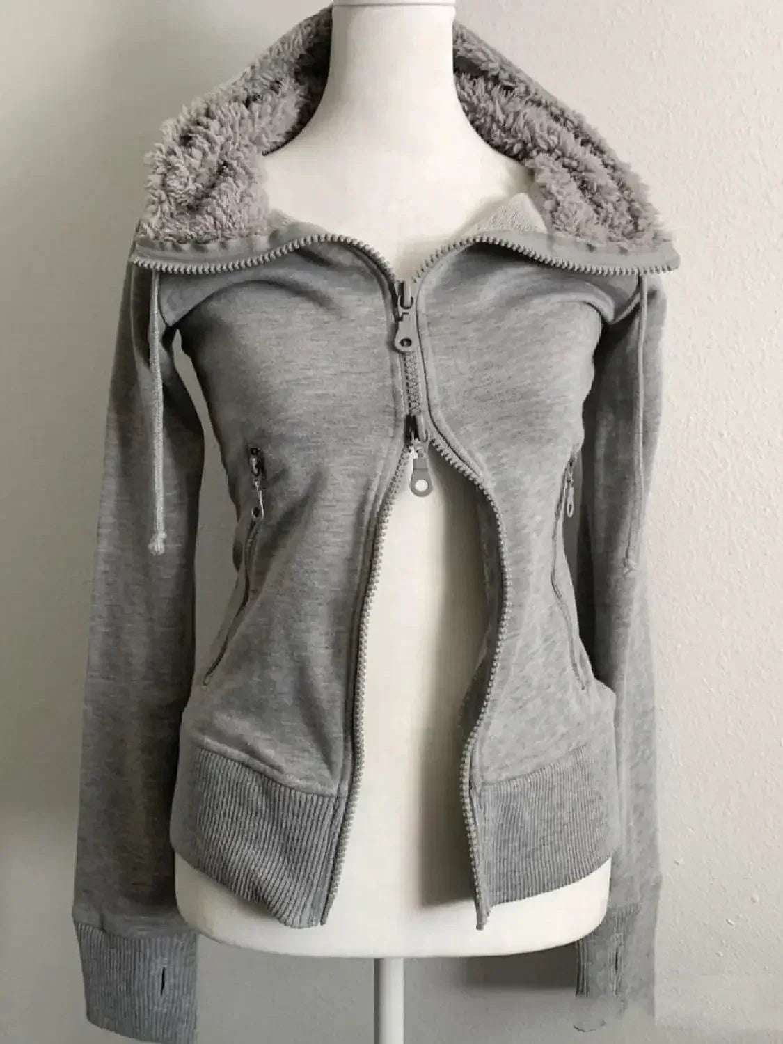 Hearujoy Y2K retro gray lamb wool hooded sweatshirt cardigan women's retro new spring and autumn double zipper design waist sweatshirt