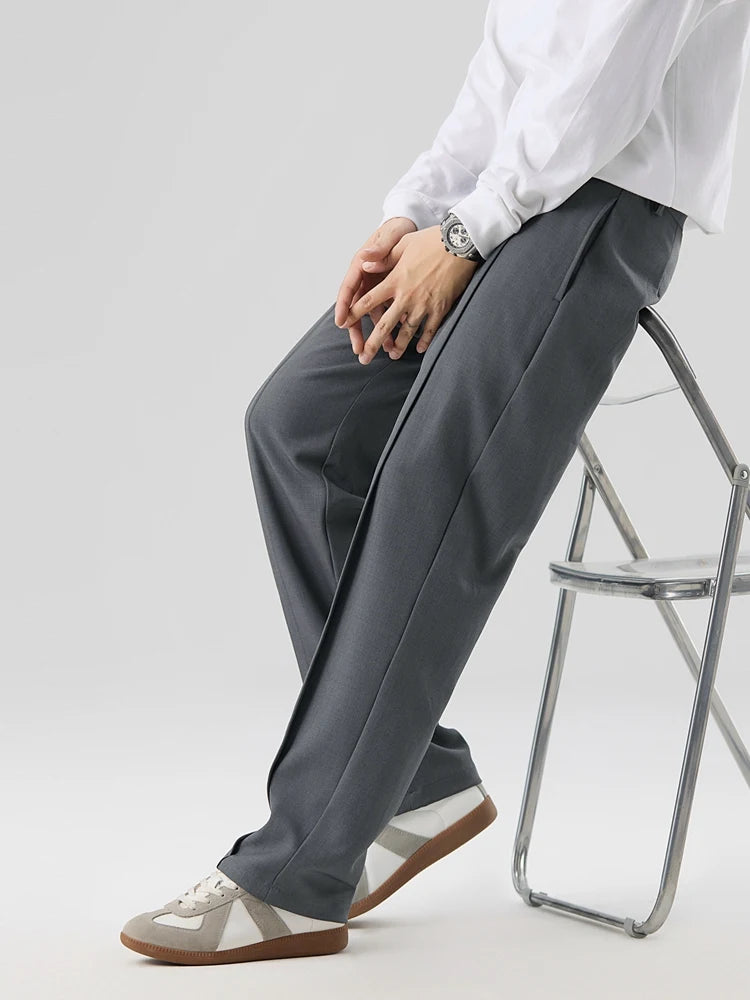 HEARUJOY  -  New Korean Men's Casual Pants Banded Waist Stretch Semi-Wide Pleated Suit Slacks Straight Loose Draped Trousers