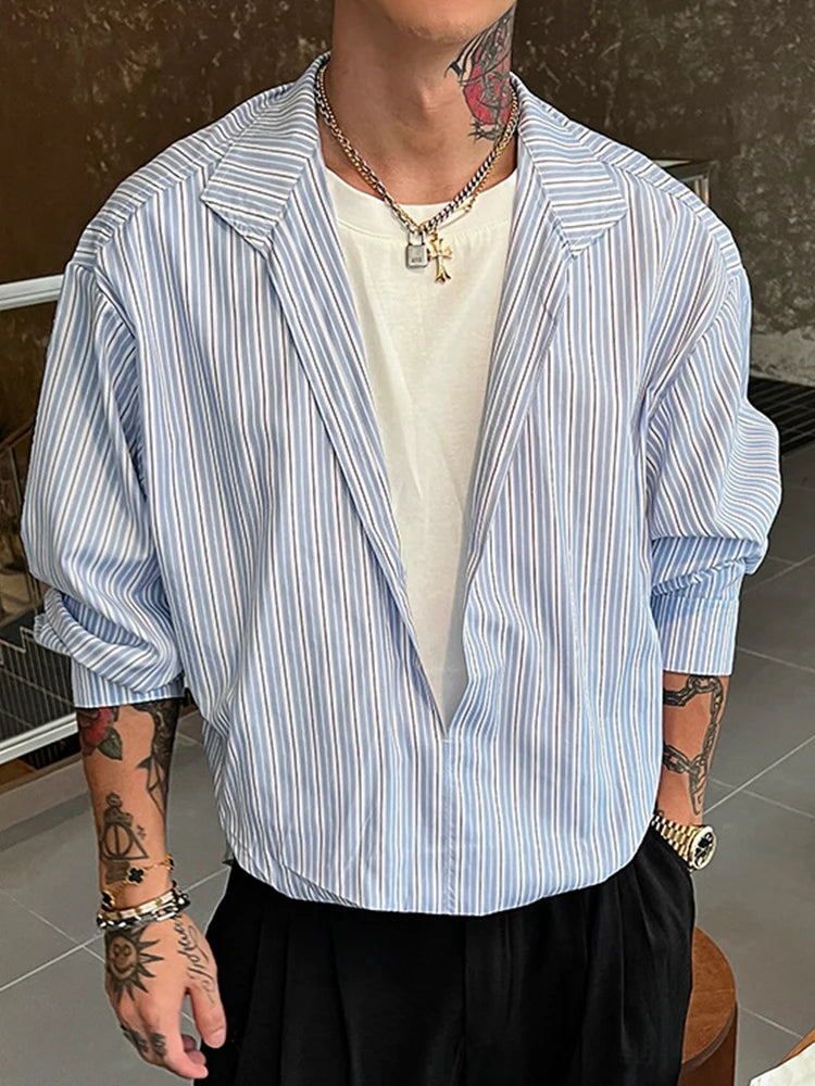 HEARUJOY  -  Autumn New Casual Mens Shirts Striped Printing Long Sleeve Lapel Shirts For Men's Fashionable V Neck Fake Two Piece Shirt