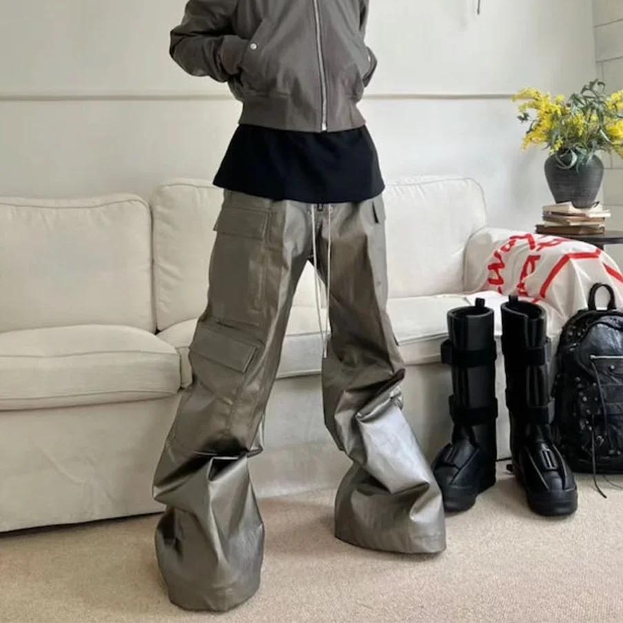 Hearujoy High Street Vintage Matte Coated Cargos  for Men and Women Wide Leg Drawstring Baggy Leather Pants Oversized Cleanfit Trousers