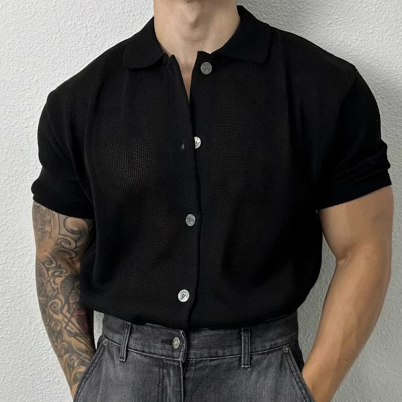 Hearujoy Summer Men's Clothing Light Luxury Knit Polo Shirt Korean Solid Color Short Sleeve Button-down Retro Fashion Leisure Knitwear