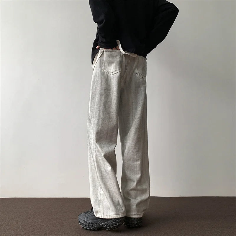 Hearujoy Distressed White Wide-leg Jeans Pants Men Vintage Denim Male Loose Casual Japanese Streetwear Daily Casual Mopping Trousers