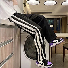 Hearujoy Fashion Preppy Style Loose Student Striped Sports Casual Straight Pants Men Elastic Waist Drawstring Pocket Wide Leg Trousers