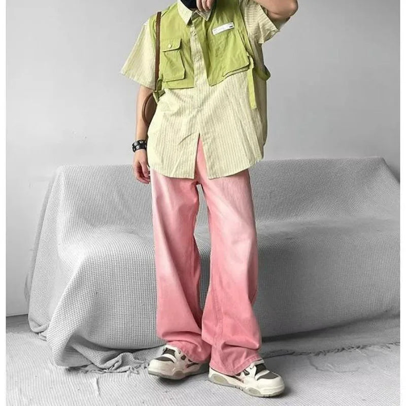 HEARUJOY  -  Fake Two Pieces Summer New Men's Turn-down Collar Button Spliced Pockets Striped Letter Shirt Short Sleeve Trendy Loose Tops