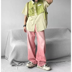 HEARUJOY  -  Fake Two Pieces Summer New Men's Turn-down Collar Button Spliced Pockets Striped Letter Shirt Short Sleeve Trendy Loose Tops