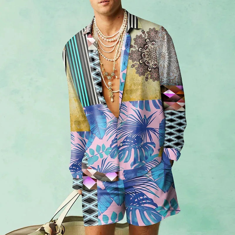 HEARUJOY  -  3D Leopardl Print Men Beach Suits Long Sleeve Lapel Shirts And Shorts Two Piece Set Fashion Hawaiian Casual Loose Outfits