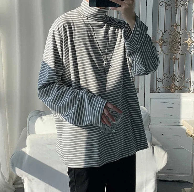 HEARUJOY  -  Turtleneck High Collar T Shirt For Man Striped Top Bulk With Wholesale Men's Clothing Long Sleeve Quotes Full Xl F Pullover