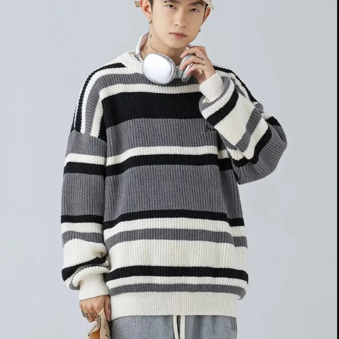HEARUJOY  -  Fashion Sweater Men's Striped Contrasting Color Base Shirt Thread Knitted Jacket
