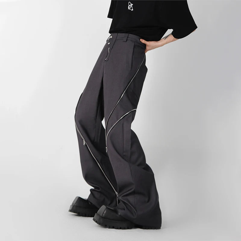 Hearujoy Design Zipper Slit Men Trousers Techwear Straight Tube Casual Black Pants Wide Leg Darkwear Male Streetwear Hip  Hop