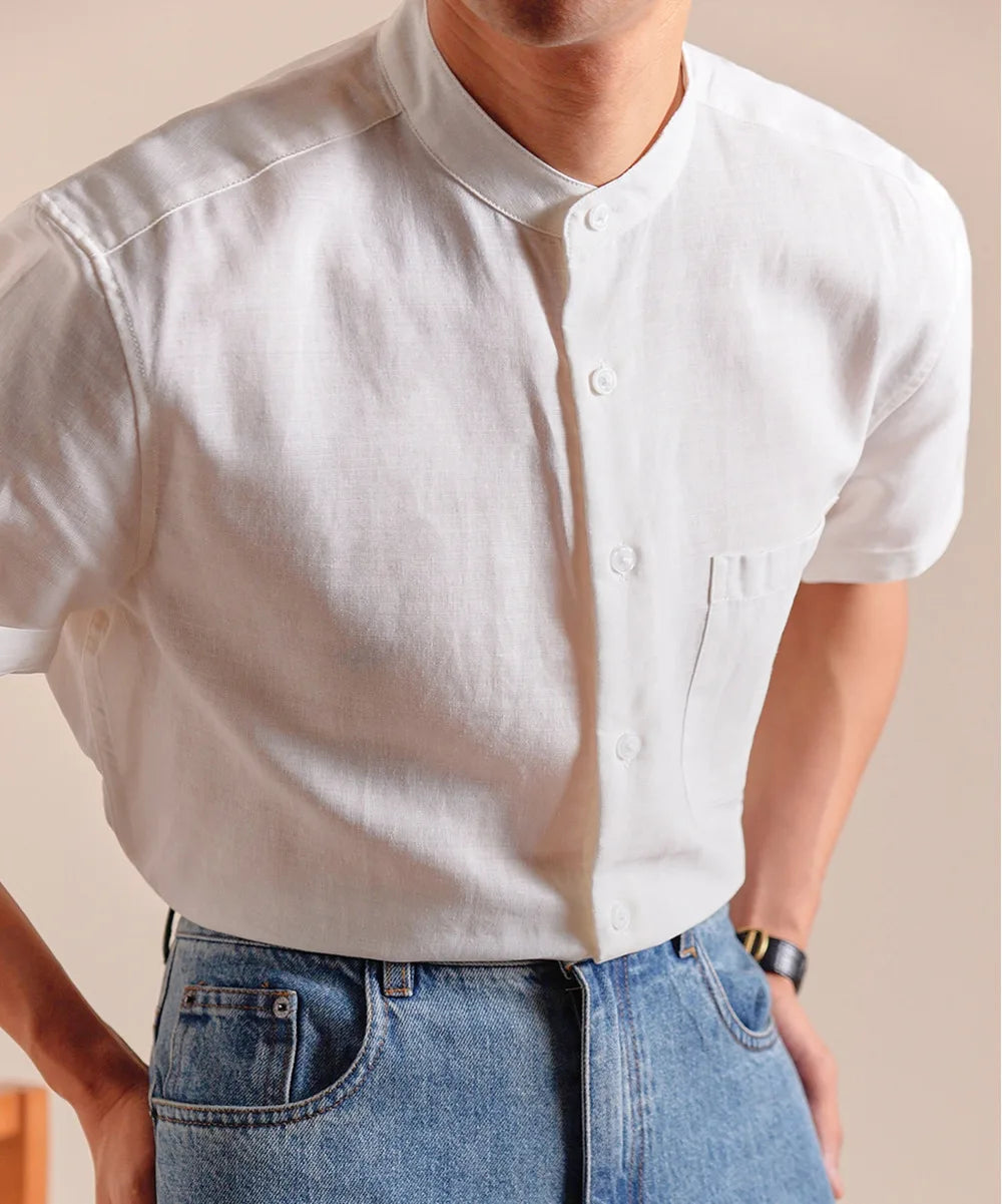 HEARUJOY  -  Natural Linen Cotton Blend Stand Up Collar Shirt Top Quality Men's Short Sleeved Casual Loose Thin Breathable Shirt 3 Colors