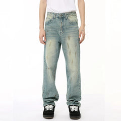 Hearujoy Male Denim Pants New American Worn-out Vintage Splash Ink Whiten Washed Straight Leg Jeans Summer Trendy 9C6674