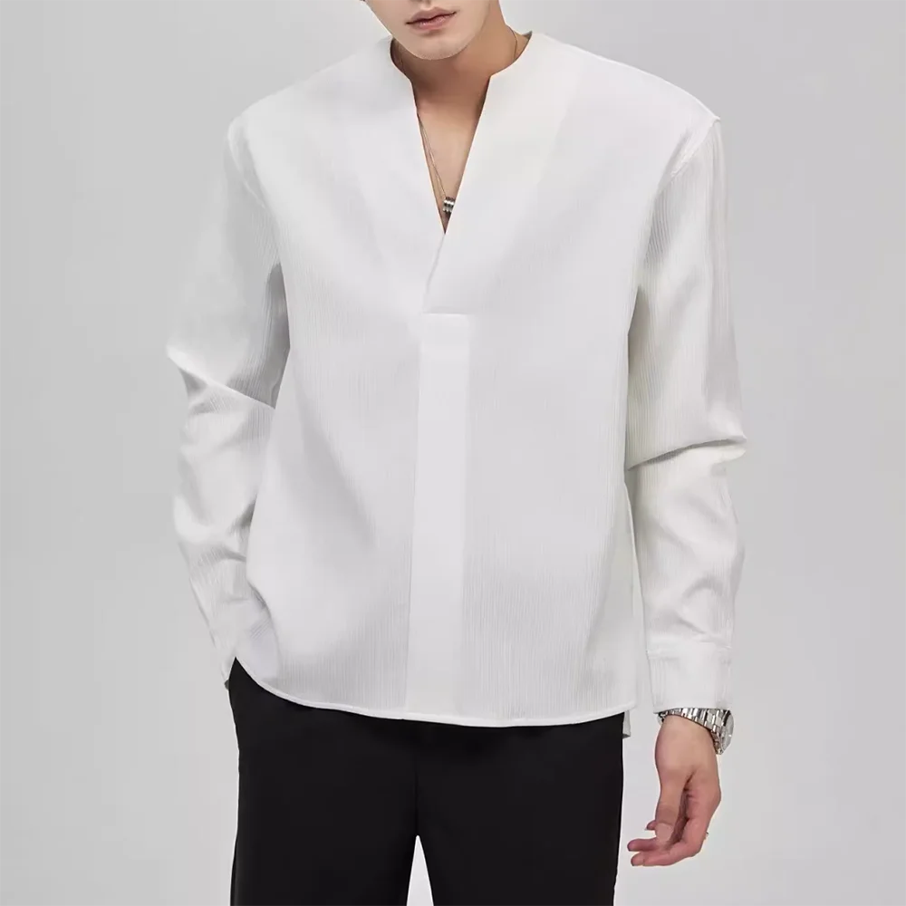 Hearujoy Mens Casual Textured V-Neck Long-Sleeved Shirt Genderless 2024 New Fashion Simple Commuting Style Versatile Comfort Top Unisex