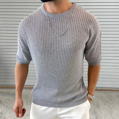 HEARUJOY  -  Summer New Men's Solid Color Knitted Hollow Short-Sleeved T-Shirt Retro Fashion Trend Casual Simple Daily Breathable Men's Tops