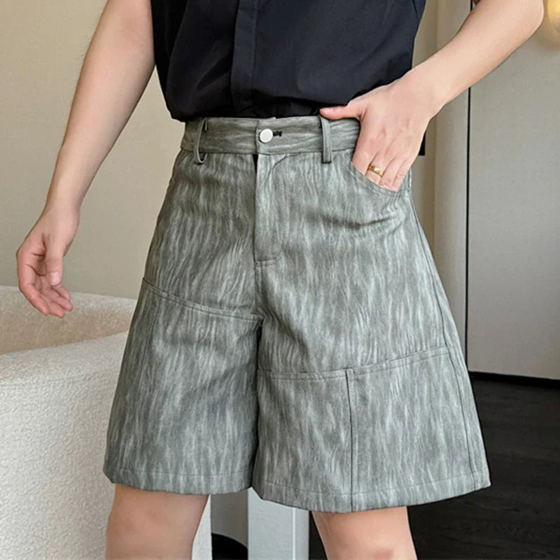 Hearujoy Niche Style Men's Shorts Casual Leather Straight Male Trousers Wide Leg Loose Bottom Stylish Pockets Summer 9C6373