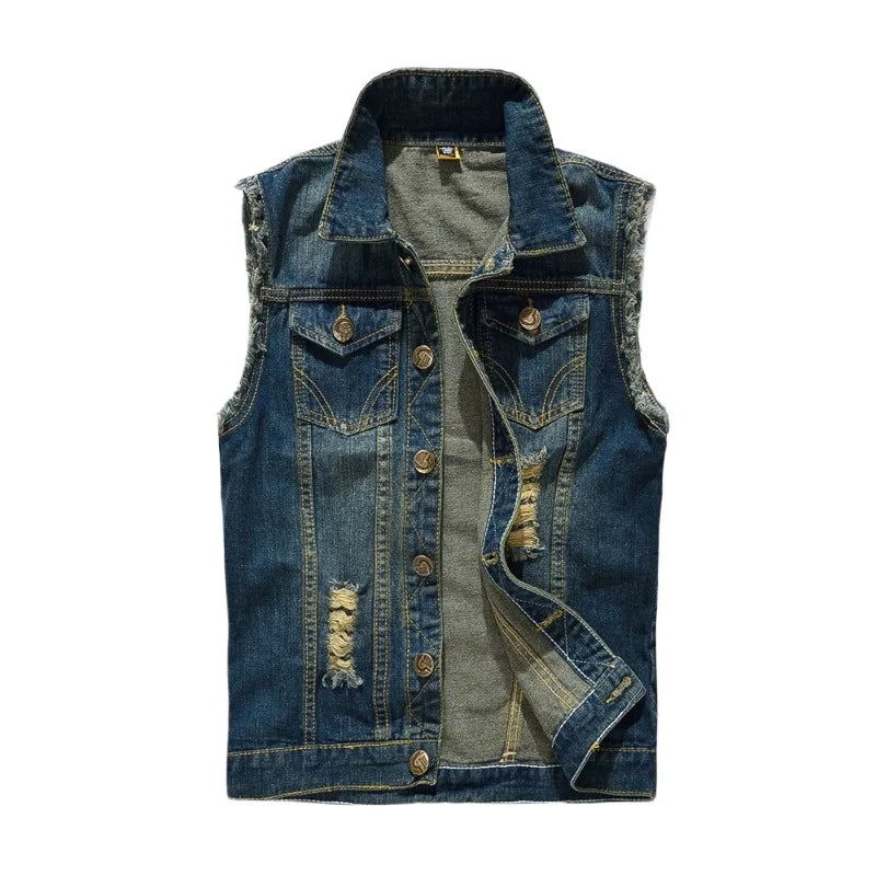 HEARUJOY  -  Men's Big Size New Slim-fit Denim Vest Vest with Ripped Lapel Single Breasted Denim Vest Coat