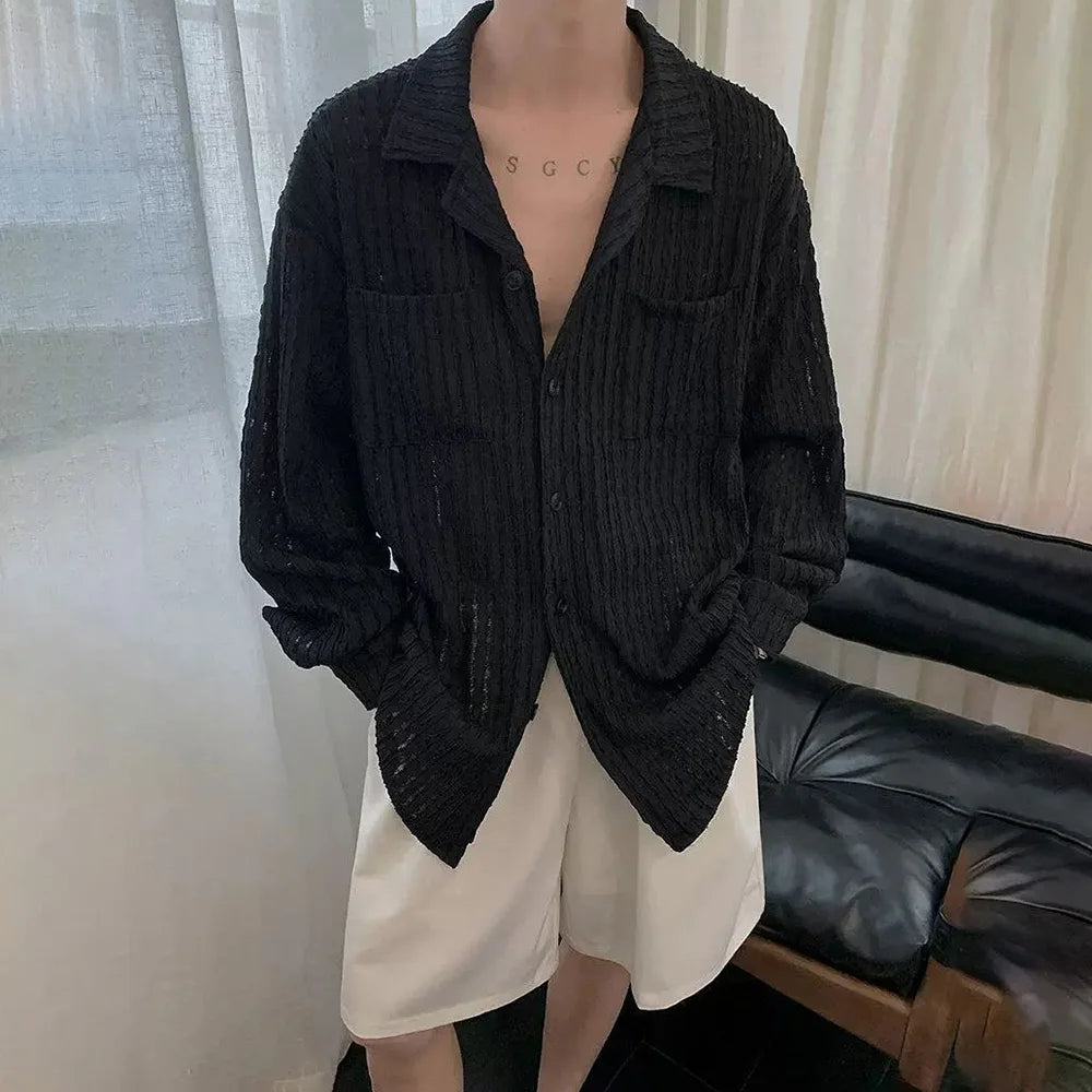 HEARUJOY  -  Mens Shirts Hollow Knitted Casual Shirts Spring Streetwear Fashion Thin Sexy Ballroom Long-Sleeved Tops Men'S Clothing 2025 New