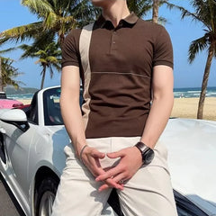 HEARUJOY  -  Male Polo Shirts White Striped Skinny Black Print Elastic Loose Xl Short Quarter Sleeve Fashion Stylish Mens with Collar T-shirt