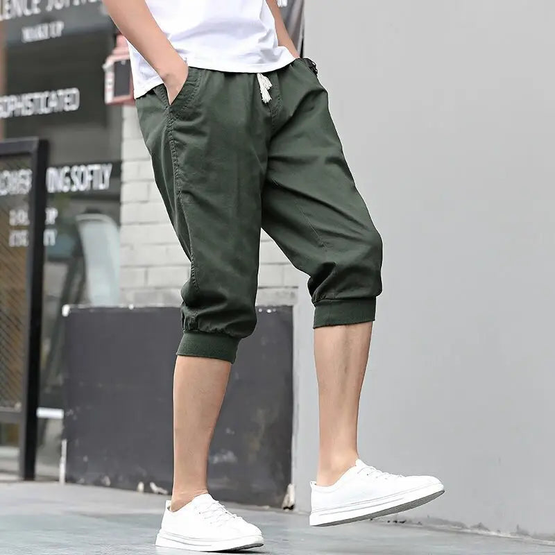 HEARUJOY  -  Summer New Sports Trend Versatile Casual Shorts Men's Solid Elastic Waist Drawstring Pockets Cotton Calf Length Cropped Pants