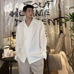 Hearujoy New Ice Silk Drape Cuban Collar Shirt for Men Solid Color Long Sleeve Korean Fashion Senior Casual Loose Button Up White Shirt