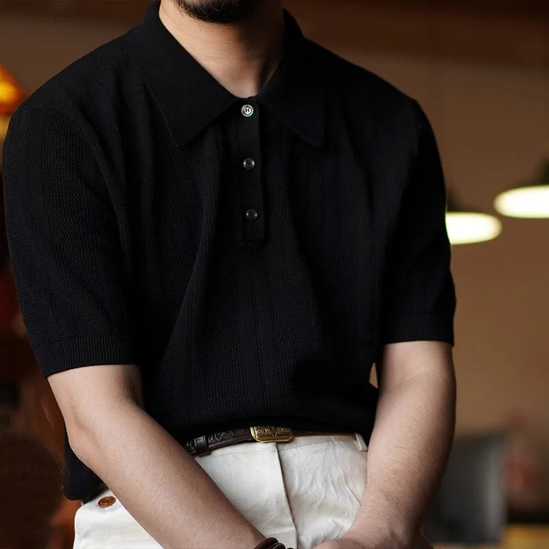 HEARUJOY  -  Men's Clothing Leisure Light Luxury Polo Shirt Korean Hollow Out Button-down Solid Color Short Sleeve Tees for Men Breathable