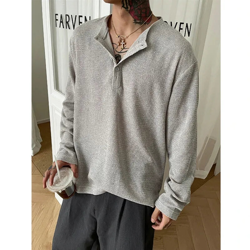 HEARUJOY  -  Spring Long Sleeved T-shirt Men Fashion Black Gray Casual T Shirt Men Streetwear Korean Loose Round Neck T Shirt Mens Top M-3XL