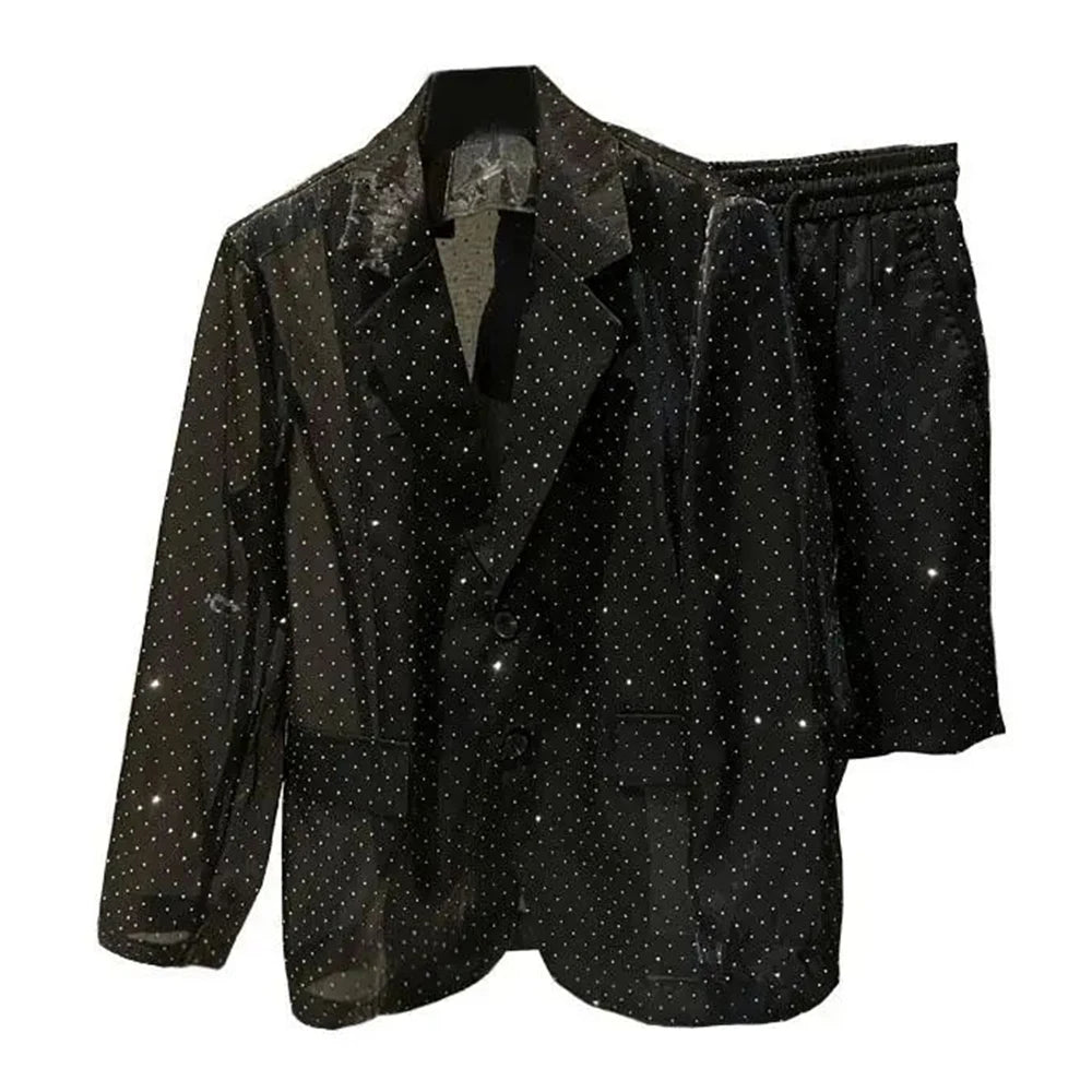 Hearujoy Mens Autumn Winter Shiny Hot Diamond Thin Suit Suit New Nightclub Casual Origin See-Through Mesh Sexy Two-Piece Suit For Men