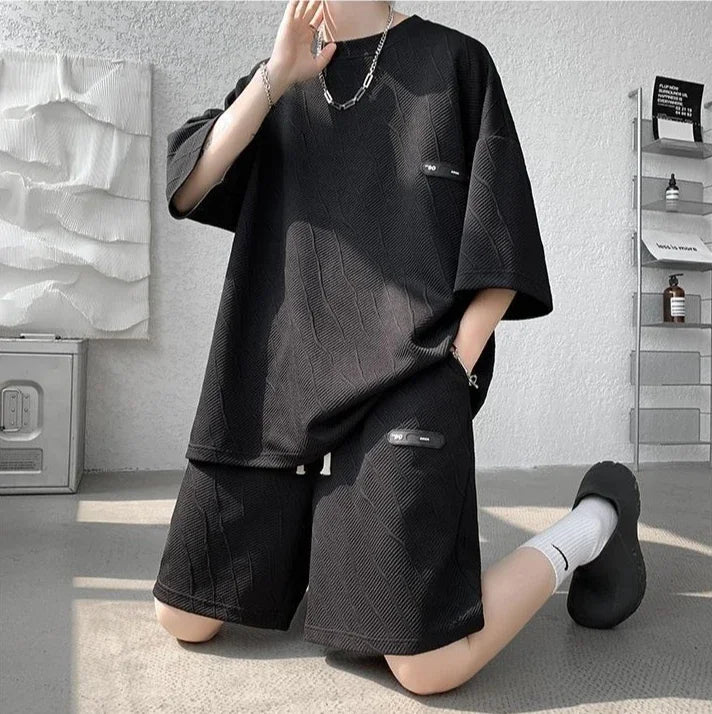 HEARUJOY  -  Jacquard Man Sets Tracksuit Sweatsuit Sweatshirts Original Brands Essential Polyester Slim Fit Tee T-shirts Shorts Suits for Men