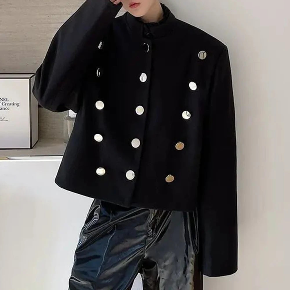 Hearujoy Mens French Y2k Casual Button Suit Jacket Autumn Winter Genderless Harajuku Button Decoration Fashion Trend Short Suit Unisex