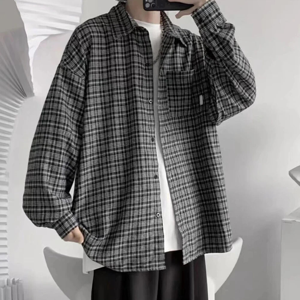 HEARUJOY  -  2XL Mens Plaid Shirt Lapel Shirt All Seasons Buttoned Closure Long Sleeves Slight Stretch Shirt For Daily Wear