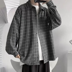 HEARUJOY  -  2XL Mens Plaid Shirt Lapel Shirt All Seasons Buttoned Closure Long Sleeves Slight Stretch Shirt For Daily Wear