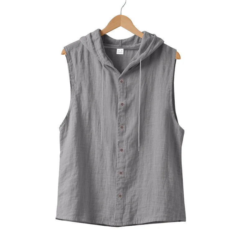 HEARUJOY  -  Summer Men's Casual Sleeveless Hooded Shirt, Linen Hooded Solid Color, Breathable and Loose Top